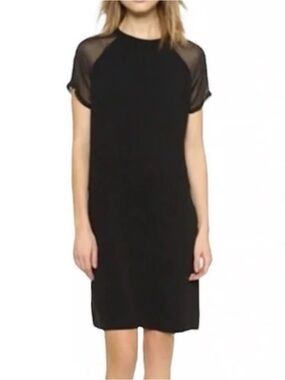 VINCE Black Sheer-Sleeve Loose Crepe Dress